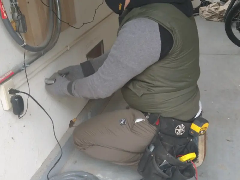 Electrician performing outlet wiring in a Farmville garage